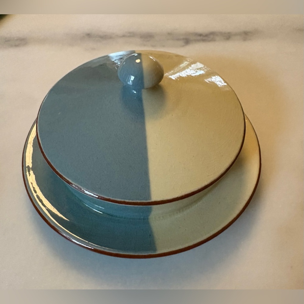 Handmade mid century pottery with lid - slate blue and ecru